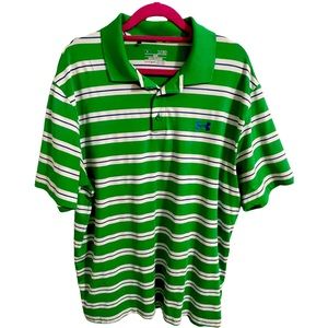 Under Armour Polo Shirt Men's XL Green and White Striped Golf Top Dri Fit Casual